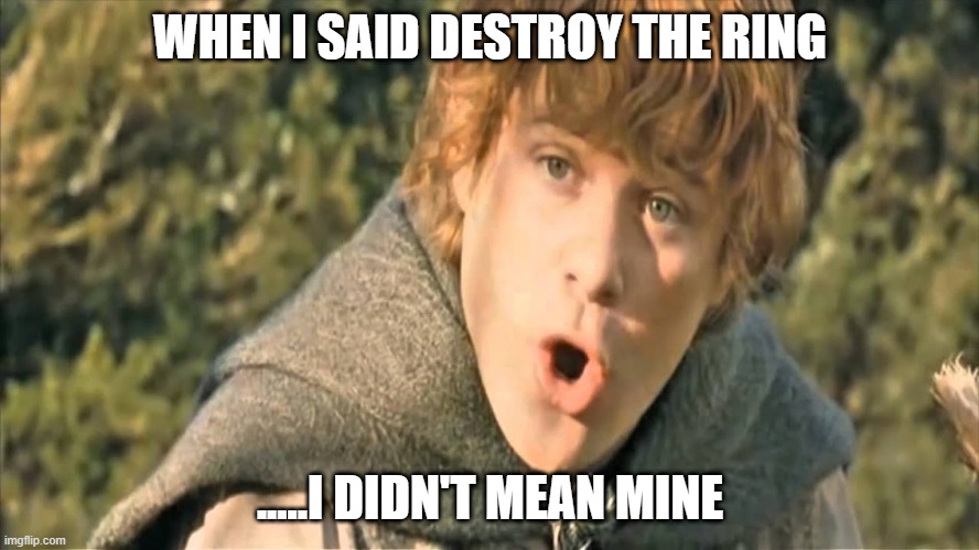 sam gamgee the wrong ring | WHEN I SAID DESTROY THE RING; .....I DIDN'T MEAN MINE | image tagged in sam lotr potato,lord of the rings lotr elevenses,lotr,the ring | made w/ Imgflip meme maker