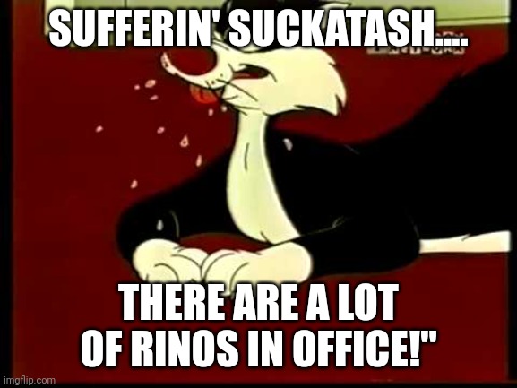 Sufferin' suckatash | SUFFERIN' SUCKATASH.... THERE ARE A LOT OF RINOS IN OFFICE!" | image tagged in sylvester cat,drain the swamp,rino | made w/ Imgflip meme maker