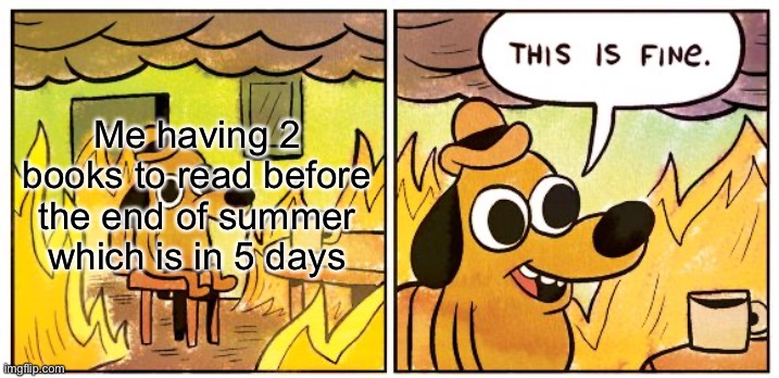 This Is Fine | Me having 2 books to read before the end of summer which is in 5 days | image tagged in memes,this is fine | made w/ Imgflip meme maker