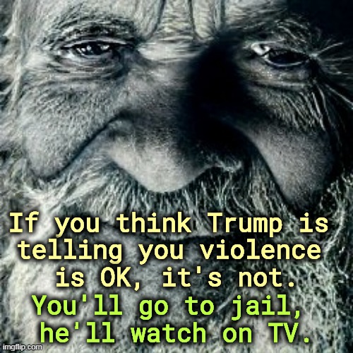 Trump will watch on TV and make rude remarks about your shabby clothes. That's what he did January 6th. | If you think Trump is 
telling you violence 
is OK, it's not. You'll go to jail, 
he'll watch on TV. | image tagged in trump,create,violence,hide | made w/ Imgflip meme maker