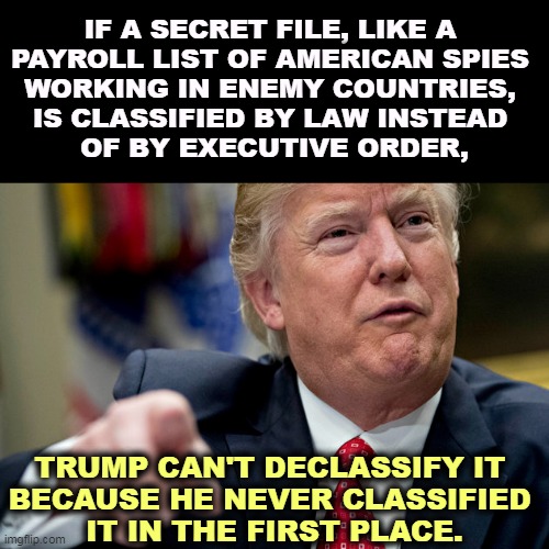 IF A SECRET FILE, LIKE A 
PAYROLL LIST OF AMERICAN SPIES 
WORKING IN ENEMY COUNTRIES, 
IS CLASSIFIED BY LAW INSTEAD 
OF BY EXECUTIVE ORDER, TRUMP CAN'T DECLASSIFY IT 
BECAUSE HE NEVER CLASSIFIED 
IT IN THE FIRST PLACE. | image tagged in trump,classified,greedy,sell out,america,secrets | made w/ Imgflip meme maker