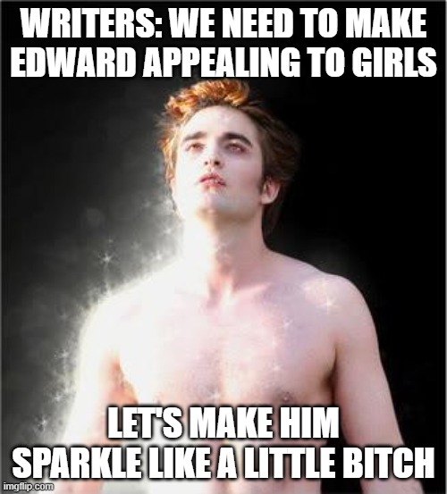 twilight | WRITERS: WE NEED TO MAKE EDWARD APPEALING TO GIRLS; LET'S MAKE HIM SPARKLE LIKE A LITTLE BITCH | image tagged in twilight | made w/ Imgflip meme maker