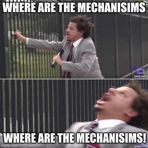 debating 101 | WHERE ARE THE MECHANISIMS; WHERE ARE THE MECHANISIMS! | image tagged in eric andre let me in blank | made w/ Imgflip meme maker