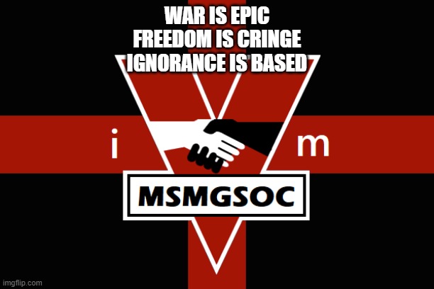 MSMGSOC flag | WAR IS EPIC
FREEDOM IS CRINGE
IGNORANCE IS BASED | image tagged in msmgsoc flag | made w/ Imgflip meme maker