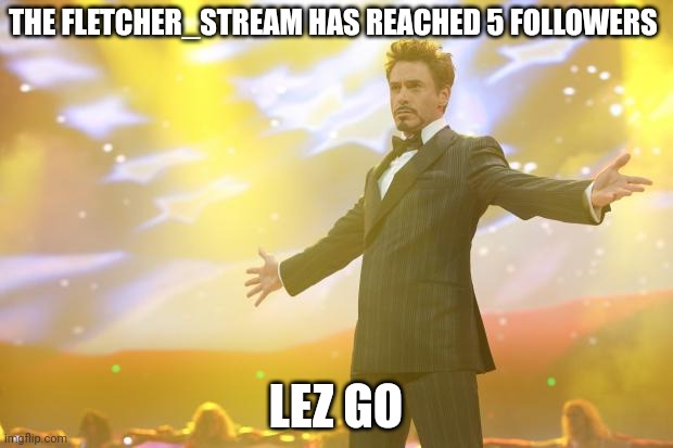Tony Stark success | THE FLETCHER_STREAM HAS REACHED 5 FOLLOWERS; LEZ GO | image tagged in tony stark success,celebration | made w/ Imgflip meme maker