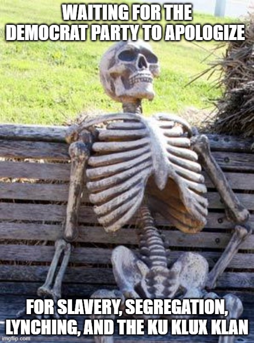 Waiting Skeleton | WAITING FOR THE DEMOCRAT PARTY TO APOLOGIZE; FOR SLAVERY, SEGREGATION, LYNCHING, AND THE KU KLUX KLAN | image tagged in memes,waiting skeleton | made w/ Imgflip meme maker