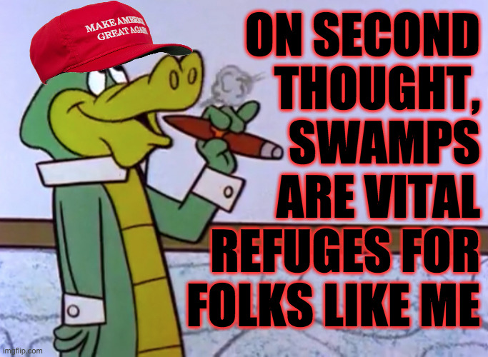 ON SECOND
THOUGHT,
SWAMPS
ARE VITAL
REFUGES FOR
FOLKS LIKE ME | made w/ Imgflip meme maker