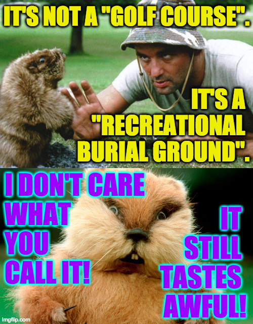 Memes in poor taste  ( : | IT'S NOT A "GOLF COURSE". IT'S A 
"RECREATIONAL 
BURIAL GROUND". I DON'T CARE
WHAT
YOU
CALL IT! IT 
STILL 
TASTES 
AWFUL! | image tagged in memes,ivana trump,think of the gophers,memes in poor taste,rest in peace | made w/ Imgflip meme maker