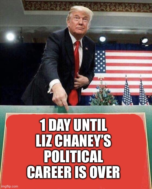 It’s Over Now | 1 DAY UNTIL LIZ CHANEY’S POLITICAL CAREER IS OVER | image tagged in trump points at sign,liz cheney,finished | made w/ Imgflip meme maker