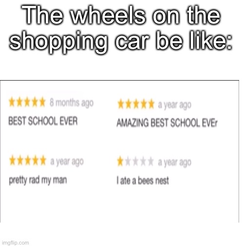 The wheels on the shopping car be like: | image tagged in blank white template,memes,funny,wheels on a shopping cart be like,matt rose | made w/ Imgflip meme maker