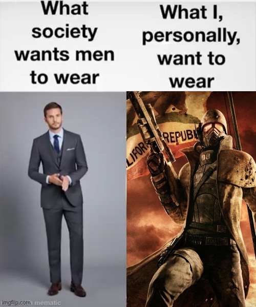 FNV enjoyers rise | image tagged in fallout new vegas,clothing,society | made w/ Imgflip meme maker