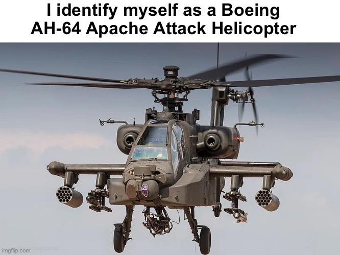 I identify myself as a Boeing AH-64 Apache Attack Helicopter | image tagged in apache,chopper | made w/ Imgflip meme maker