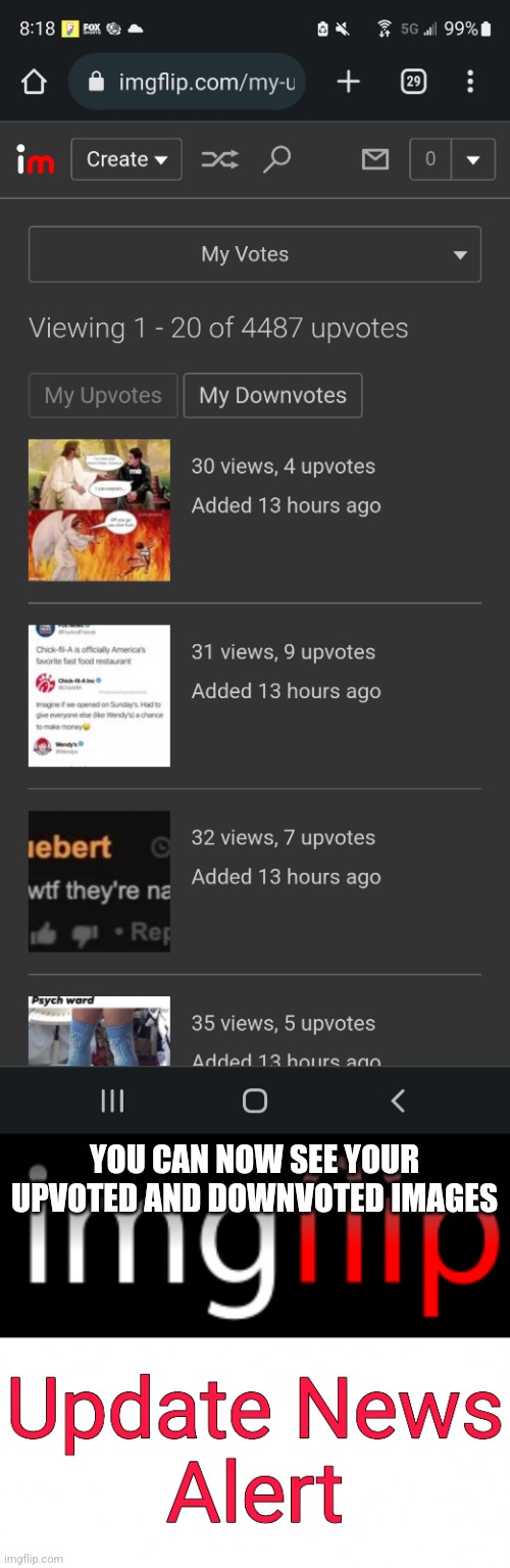 YOU CAN NOW SEE YOUR UPVOTED AND DOWNVOTED IMAGES | image tagged in imgflip update news alert | made w/ Imgflip meme maker