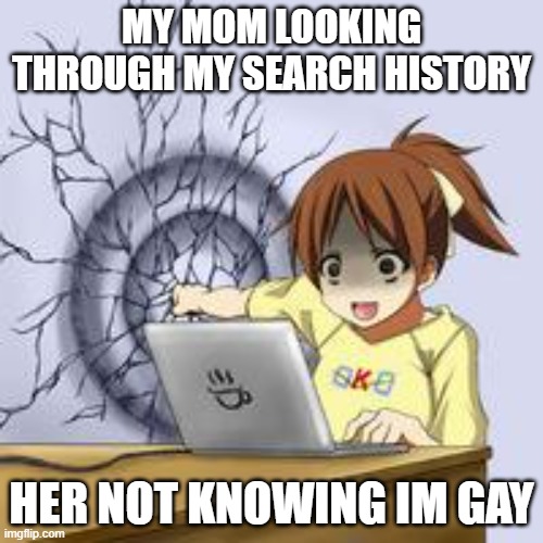 Anime wall punch | MY MOM LOOKING THROUGH MY SEARCH HISTORY; HER NOT KNOWING IM GAY | image tagged in anime wall punch | made w/ Imgflip meme maker