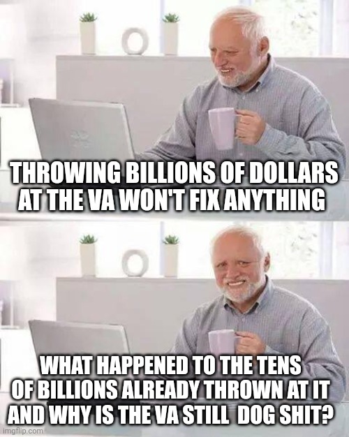 It's like throwing money at climate change. The more money thrown, the wealthier the government becomes. | THROWING BILLIONS OF DOLLARS AT THE VA WON'T FIX ANYTHING; WHAT HAPPENED TO THE TENS OF BILLIONS ALREADY THROWN AT IT AND WHY IS THE VA STILL  DOG SHIT? | image tagged in memes,hide the pain harold | made w/ Imgflip meme maker