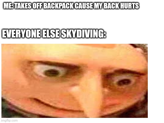 this is a title | ME: TAKES OFF BACKPACK CAUSE MY BACK HURTS; EVERYONE ELSE SKYDIVING: | image tagged in memes | made w/ Imgflip meme maker