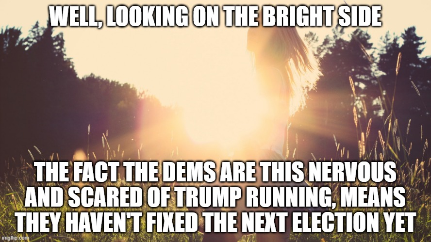 Bright side | WELL, LOOKING ON THE BRIGHT SIDE THE FACT THE DEMS ARE THIS NERVOUS AND SCARED OF TRUMP RUNNING, MEANS THEY HAVEN'T FIXED THE NEXT ELECTION  | image tagged in bright side | made w/ Imgflip meme maker