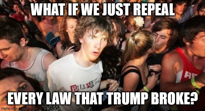 GOP - Party of Repealed Law & Disorder. | WHAT IF WE JUST REPEAL; EVERY LAW THAT TRUMP BROKE? | image tagged in sudden clarity gop,donny gitmo | made w/ Imgflip meme maker
