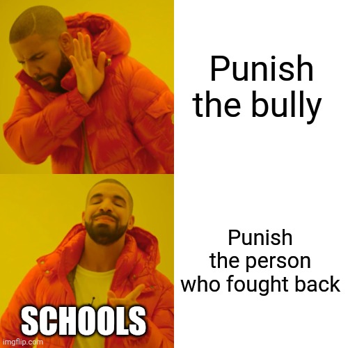 Schools be like |  Punish the bully; Punish the person who fought back; SCHOOLS | image tagged in memes,drake hotline bling | made w/ Imgflip meme maker