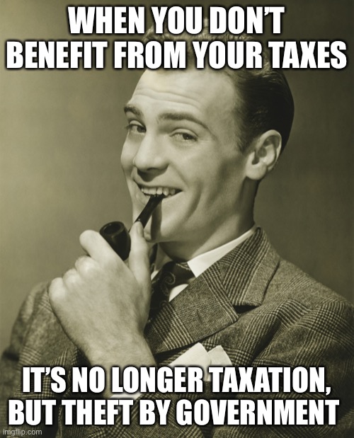 Smug | WHEN YOU DON’T BENEFIT FROM YOUR TAXES IT’S NO LONGER TAXATION, BUT THEFT BY GOVERNMENT | image tagged in smug | made w/ Imgflip meme maker