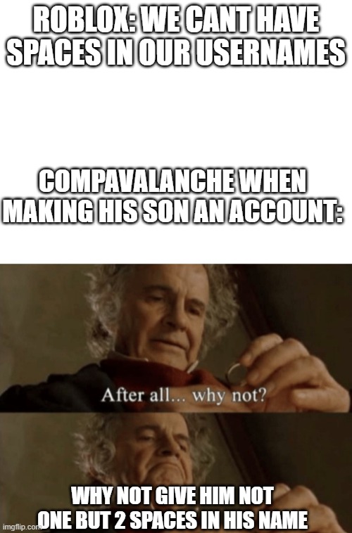 i promise you he still exists | ROBLOX: WE CANT HAVE SPACES IN OUR USERNAMES; COMPAVALANCHE WHEN MAKING HIS SON AN ACCOUNT:; WHY NOT GIVE HIM NOT ONE BUT 2 SPACES IN HIS NAME | image tagged in blank white template,after all why not | made w/ Imgflip meme maker