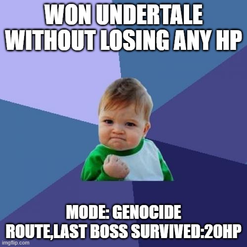 Success Undertale Player | WON UNDERTALE WITHOUT LOSING ANY HP; MODE: GENOCIDE ROUTE,LAST BOSS SURVIVED:20HP | image tagged in memes,success kid,undertale | made w/ Imgflip meme maker