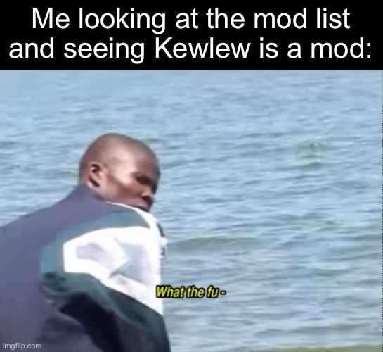 I don’t have a problem with it, it’s just weird to me seeing him up there | Me looking at the mod list and seeing Kewlew is a mod: | image tagged in what the fu- | made w/ Imgflip meme maker