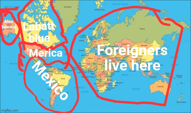 The world to rednecks |  Also 'Merica; Foreigners live here; Labatt blue; 'Merica; Mexico | image tagged in world map | made w/ Imgflip meme maker