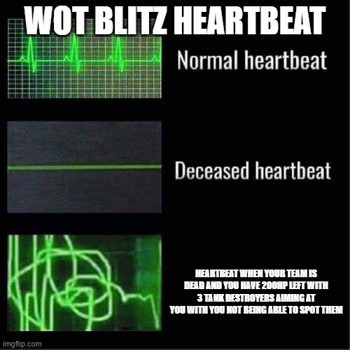 Heart beat meme | WOT BLITZ HEARTBEAT; HEARTBEAT WHEN YOUR TEAM IS DEAD AND YOU HAVE 200HP LEFT WITH 3 TANK DESTROYERS AIMING AT YOU WITH YOU NOT BEING ABLE TO SPOT THEM | image tagged in heart beat meme | made w/ Imgflip meme maker