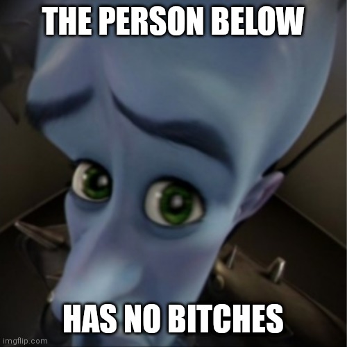 Megamind peeking | THE PERSON BELOW; HAS NO BITCHES | image tagged in megamind peeking | made w/ Imgflip meme maker