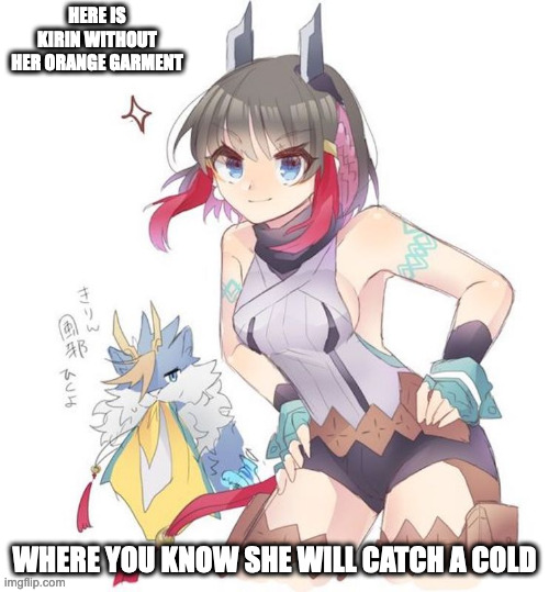 Kirin Without Garment | HERE IS KIRIN WITHOUT HER ORANGE GARMENT; WHERE YOU KNOW SHE WILL CATCH A COLD | image tagged in azure striker gunvolt,kirin,gunvolt,memes | made w/ Imgflip meme maker