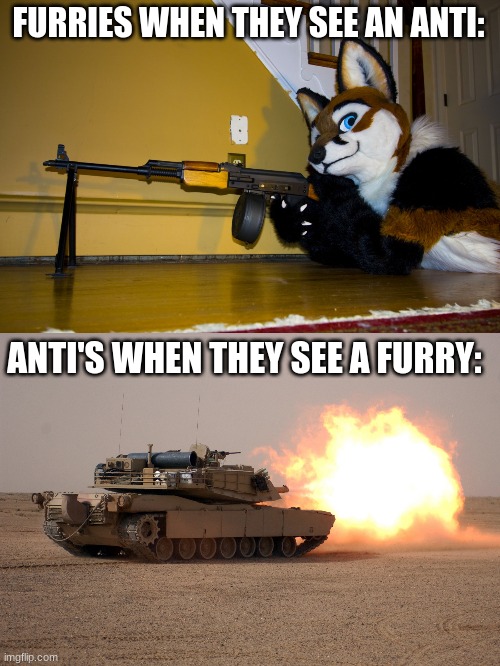 Get the Difference? | FURRIES WHEN THEY SEE AN ANTI:; ANTI'S WHEN THEY SEE A FURRY: | image tagged in furries,should,die | made w/ Imgflip meme maker