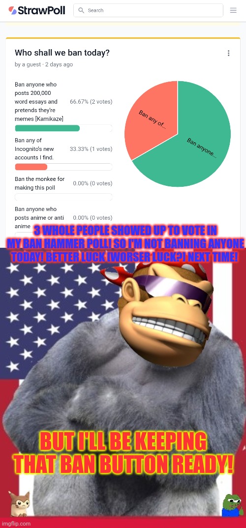Losers | 3 WHOLE PEOPLE SHOWED UP TO VOTE IN MY BAN HAMMER POLL! SO I'M NOT BANNING ANYONE TODAY! BETTER LUCK [WORSER LUCK?] NEXT TIME! BUT I'LL BE KEEPING THAT BAN BUTTON READY! | image tagged in votes out for monkee,nothing,wow look nothing | made w/ Imgflip meme maker