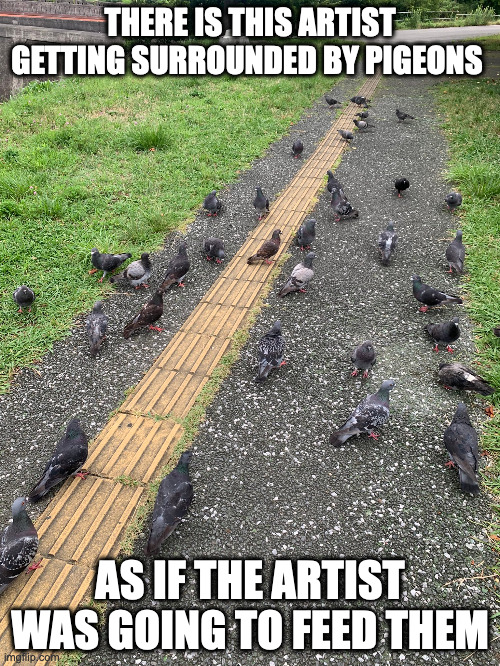 Surrounded by Pigeons | THERE IS THIS ARTIST GETTING SURROUNDED BY PIGEONS; AS IF THE ARTIST WAS GOING TO FEED THEM | image tagged in pigeon,memes | made w/ Imgflip meme maker