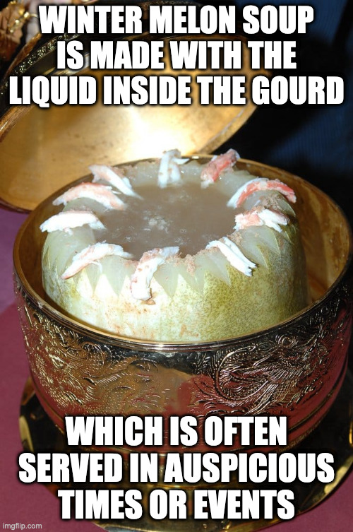 Winter Melon Soup | WINTER MELON SOUP IS MADE WITH THE LIQUID INSIDE THE GOURD; WHICH IS OFTEN SERVED IN AUSPICIOUS TIMES OR EVENTS | image tagged in soup,memes,food | made w/ Imgflip meme maker