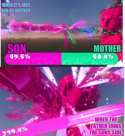 Mom vs father ( I don't know why thear 2 of this memes ) | WHEN IT'S JUST SON VS MOTHER; MOTHER; SON; WHEN THE FATHER JOINS THE SONS SIDE | image tagged in splatoon 2 destruction,mom vs father | made w/ Imgflip meme maker