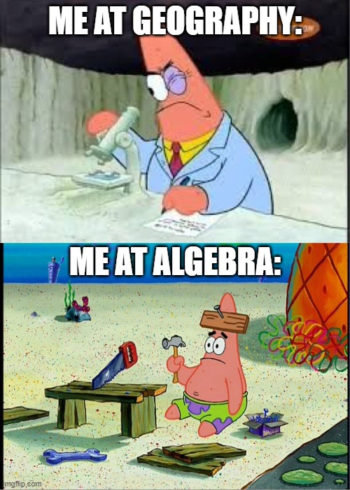Geography vs. Algebra | ME AT GEOGRAPHY:; ME AT ALGEBRA: | image tagged in patrick smart dumb | made w/ Imgflip meme maker