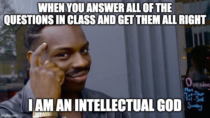 Roll Safe Think About It Meme | WHEN YOU ANSWER ALL OF THE QUESTIONS IN CLASS AND GET THEM ALL RIGHT; I AM AN INTELLECTUAL GOD | image tagged in memes,roll safe think about it | made w/ Imgflip meme maker