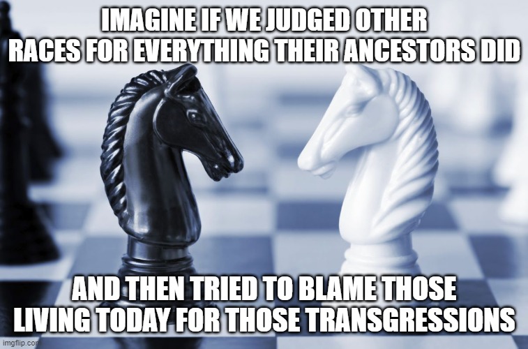 Black and white knight | IMAGINE IF WE JUDGED OTHER RACES FOR EVERYTHING THEIR ANCESTORS DID; AND THEN TRIED TO BLAME THOSE LIVING TODAY FOR THOSE TRANSGRESSIONS | image tagged in black and white knight | made w/ Imgflip meme maker