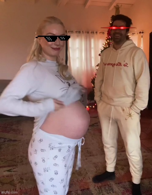 the cool mama shows the belly as her baby daddy stares into your soul | image tagged in baby mama,big belly,pregnant,baby daddy | made w/ Imgflip meme maker