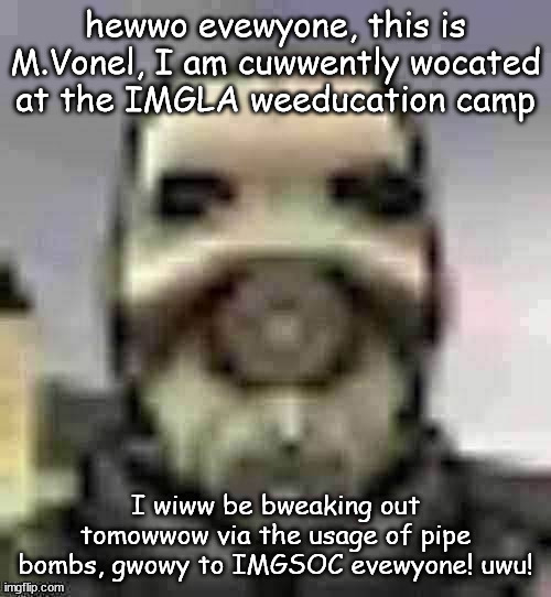 no baws can howd me, bitch | hewwo evewyone, this is M.Vonel, I am cuwwently wocated at the IMGLA weeducation camp; I wiww be bweaking out tomowwow via the usage of pipe bombs, gwowy to IMGSOC evewyone! uwu! | image tagged in peak content | made w/ Imgflip meme maker