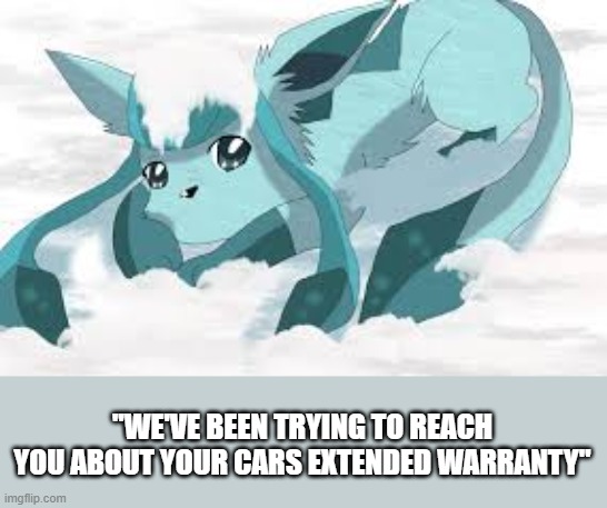 sadder glaceon | "WE'VE BEEN TRYING TO REACH YOU ABOUT YOUR CARS EXTENDED WARRANTY" | image tagged in sadder glaceon | made w/ Imgflip meme maker