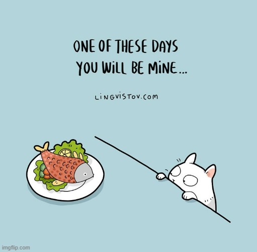 A Cat's Way Of Thinking | image tagged in memes,comics,cats,fish,cat at table,still waiting | made w/ Imgflip meme maker