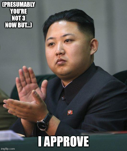 Kim Jong Un | (PRESUMABLY YOU'RE NOT 3 NOW BUT...) I APPROVE | image tagged in kim jong un | made w/ Imgflip meme maker