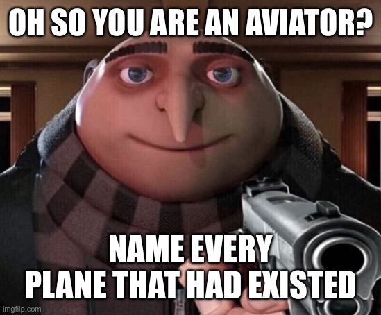 Oh so your an Aviator? Name every Plane that had Existed. | OH SO YOU ARE AN AVIATOR? NAME EVERY PLANE THAT HAD EXISTED | image tagged in gru gun,memes,aviation,airplane,airplanes,plane | made w/ Imgflip meme maker
