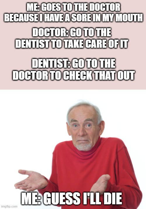 Why do they do this tho | ME: GOES TO THE DOCTOR BECAUSE I HAVE A SORE IN MY MOUTH; DOCTOR: GO TO THE DENTIST TO TAKE CARE OF IT; DENTIST: GO TO THE DOCTOR TO CHECK THAT OUT; ME: GUESS I'LL DIE | image tagged in guess i'll die,dentist,funny,memes | made w/ Imgflip meme maker