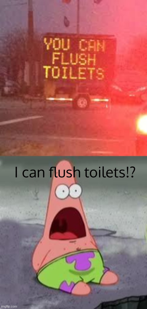  I can flush toilets!? | image tagged in suprised patrick,toilet,funny,signs,0 iq | made w/ Imgflip meme maker