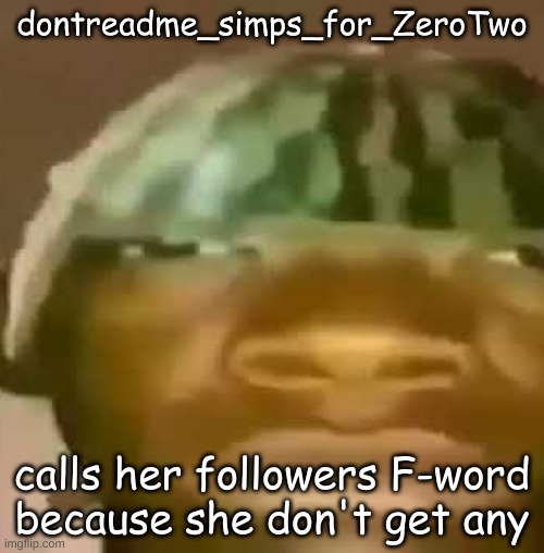 Crap Post 52: dontreadme_simps_for_ZeroTwo | dontreadme_simps_for_ZeroTwo; calls her followers F-word because she don't get any | image tagged in shitpost | made w/ Imgflip meme maker