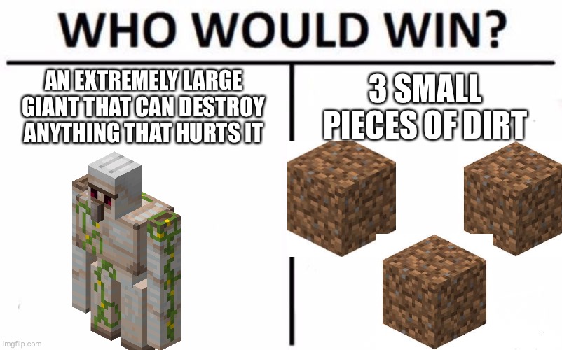 Who Would Win? Meme | AN EXTREMELY LARGE GIANT THAT CAN DESTROY ANYTHING THAT HURTS IT; 3 SMALL PIECES OF DIRT | image tagged in memes,who would win | made w/ Imgflip meme maker