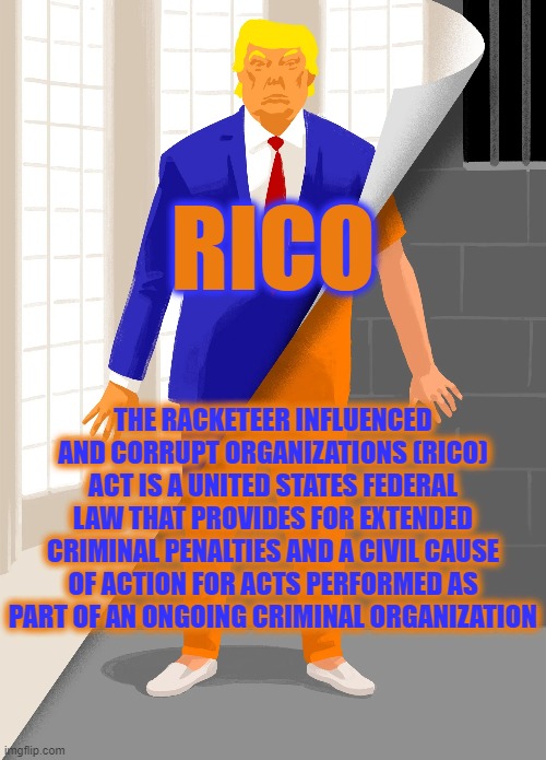 RICO |  RICO; THE RACKETEER INFLUENCED AND CORRUPT ORGANIZATIONS (RICO) ACT IS A UNITED STATES FEDERAL LAW THAT PROVIDES FOR EXTENDED CRIMINAL PENALTIES AND A CIVIL CAUSE OF ACTION FOR ACTS PERFORMED AS PART OF AN ONGOING CRIMINAL ORGANIZATION | image tagged in rico,racketeer influenced corrupt organizations,criminal,law,organized crime,organized crime control act of 1970 | made w/ Imgflip meme maker